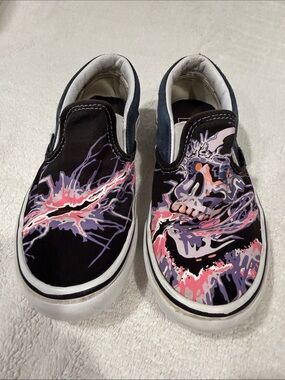 Unisex Vans Slip-On Canvas Shoes with Pink & Purple Skull Graphic,